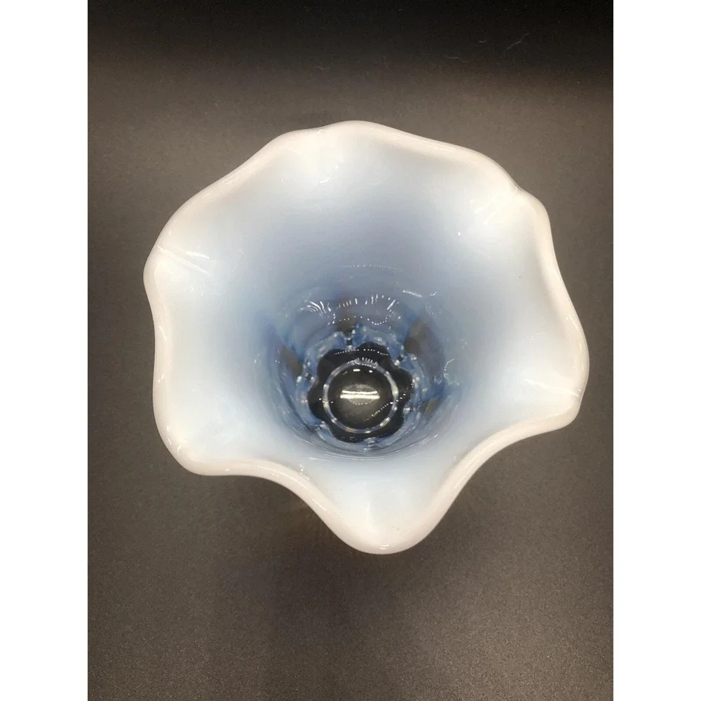 Blue White Opalescent Fade Art‎ Glass Vase Ruffled Rim MCM Style 4